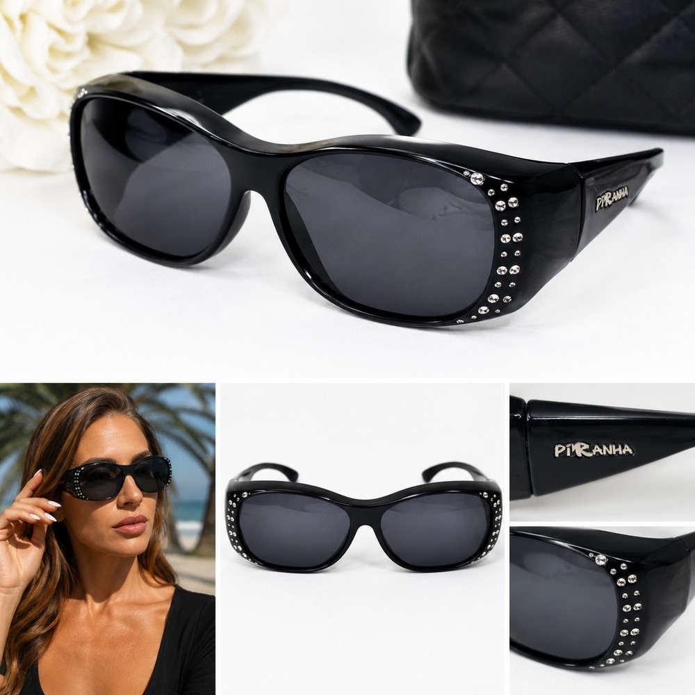 Piranha Sunglasses Women Black Rhinestone Wrap Around Shield Bling Jackie O 50s